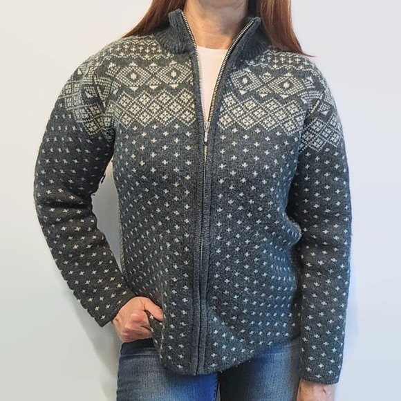 Vintage Land End Wool Fair Isle Full Zip Cardigan Sweater - Picture 3 of 16